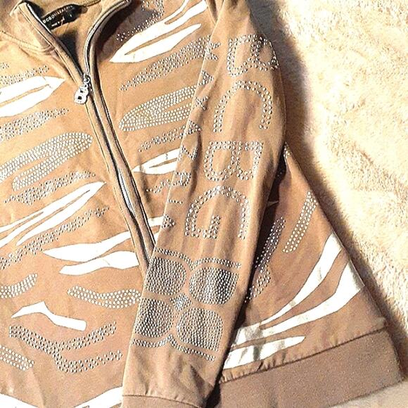 BCBGMaxAzria RHINESTONES Hoodie Jacket Sz Small TAN Bling Glam Paris Hilton Y2k - Picture 2 of 6